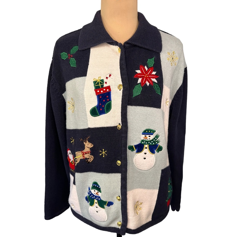 Crystal-Kobe Christmas Sweater Cardigan Size XL Patchwork Embroidered